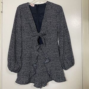SHOWPO Navy floral long sleeve tie front mini romper dress size 6